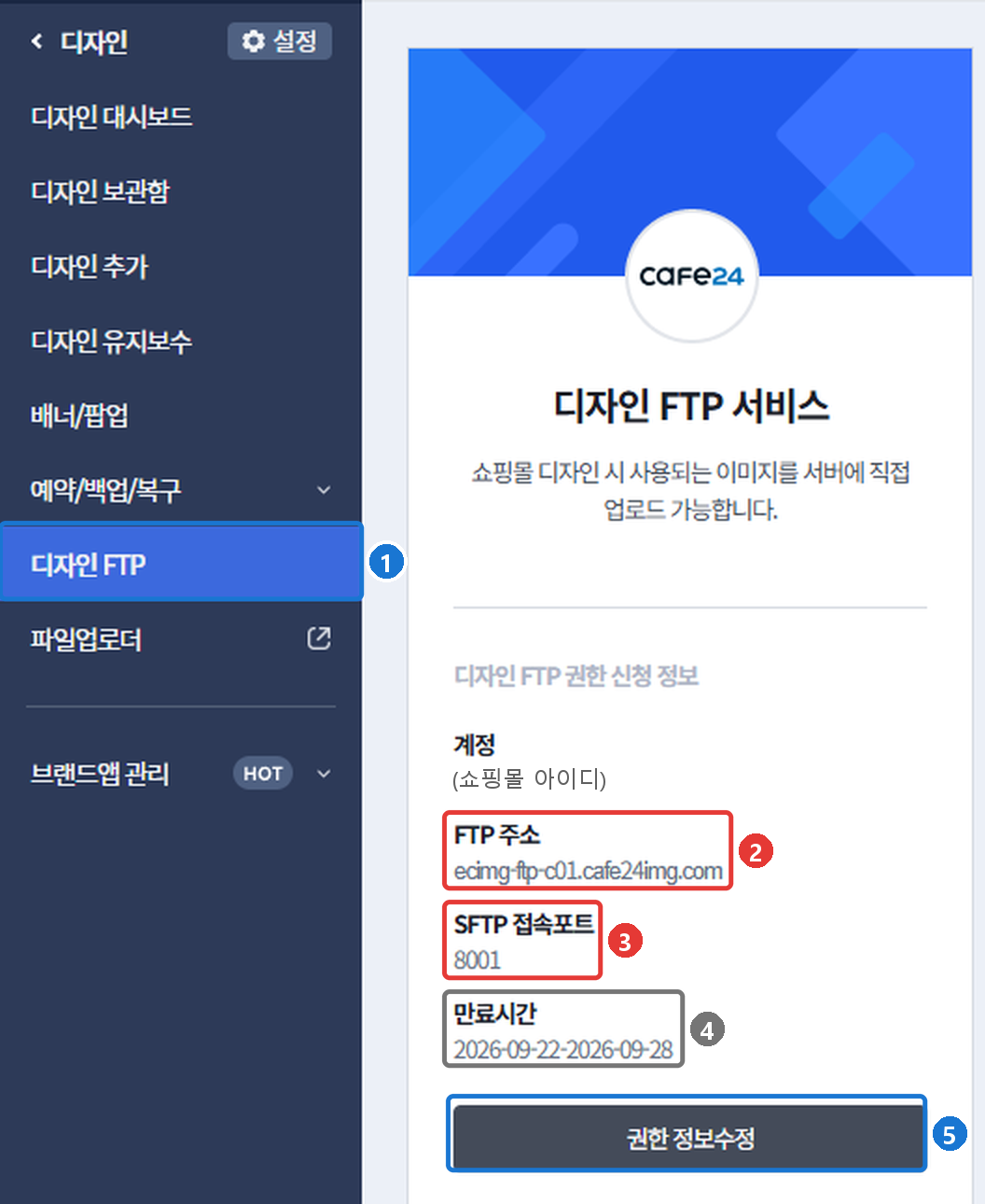카페24 관리자 디자인 메뉴의 디자인 FTP 화면. 왼쪽 칸에 계정·FTP 주소·SFTP 접속포트·만료시간과 권한 정보수정 버튼