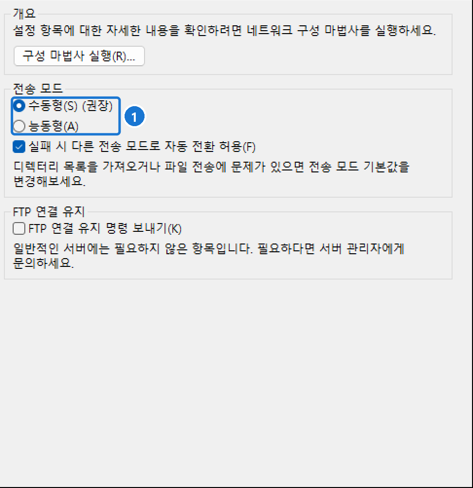 설정 → 연결 → FTP 페이지. 전송 모드 수동형(권장)·능동형