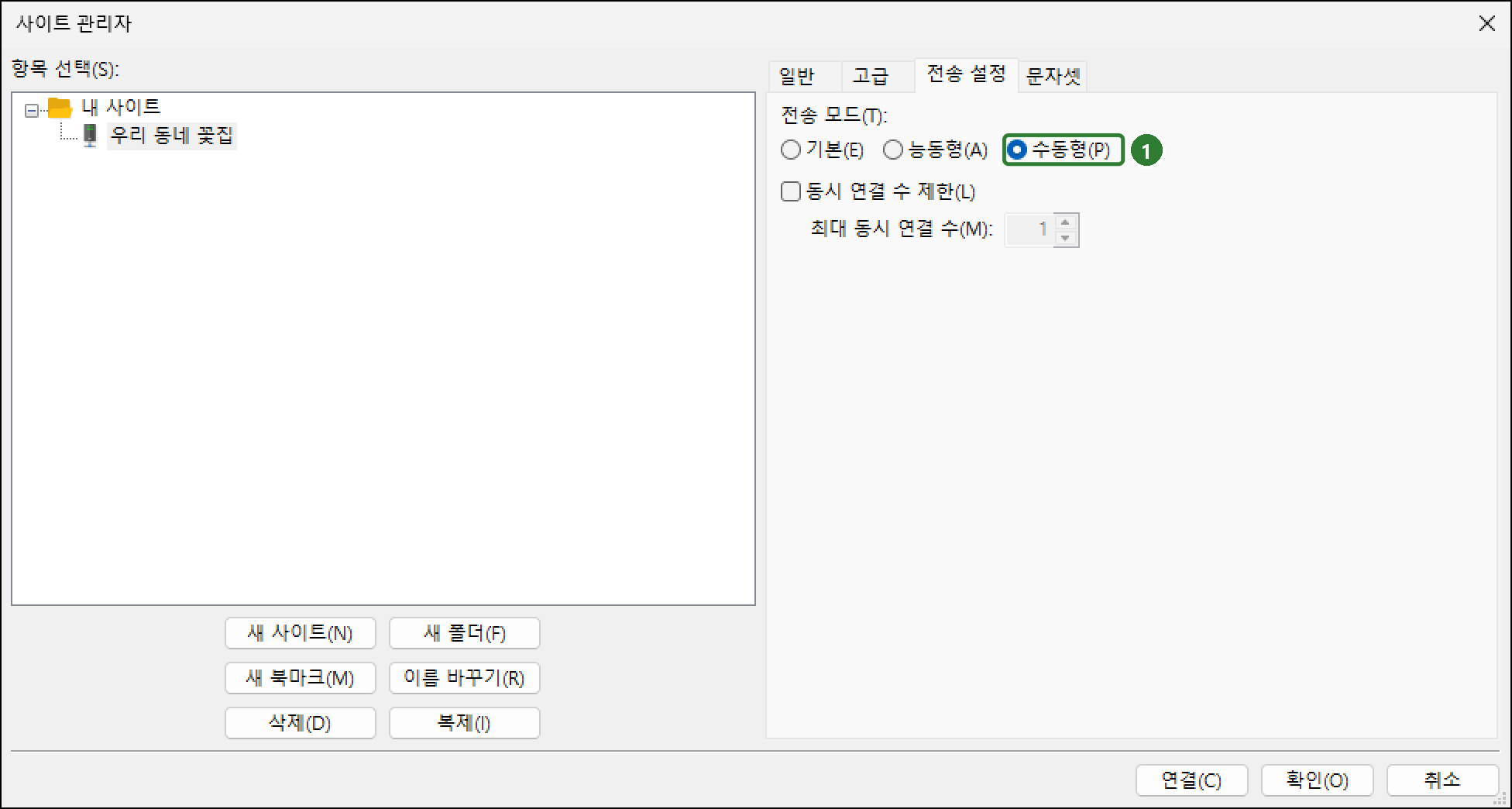 사이트 관리자 전송 설정 탭에서 전송 모드 수동형을 고른 모습