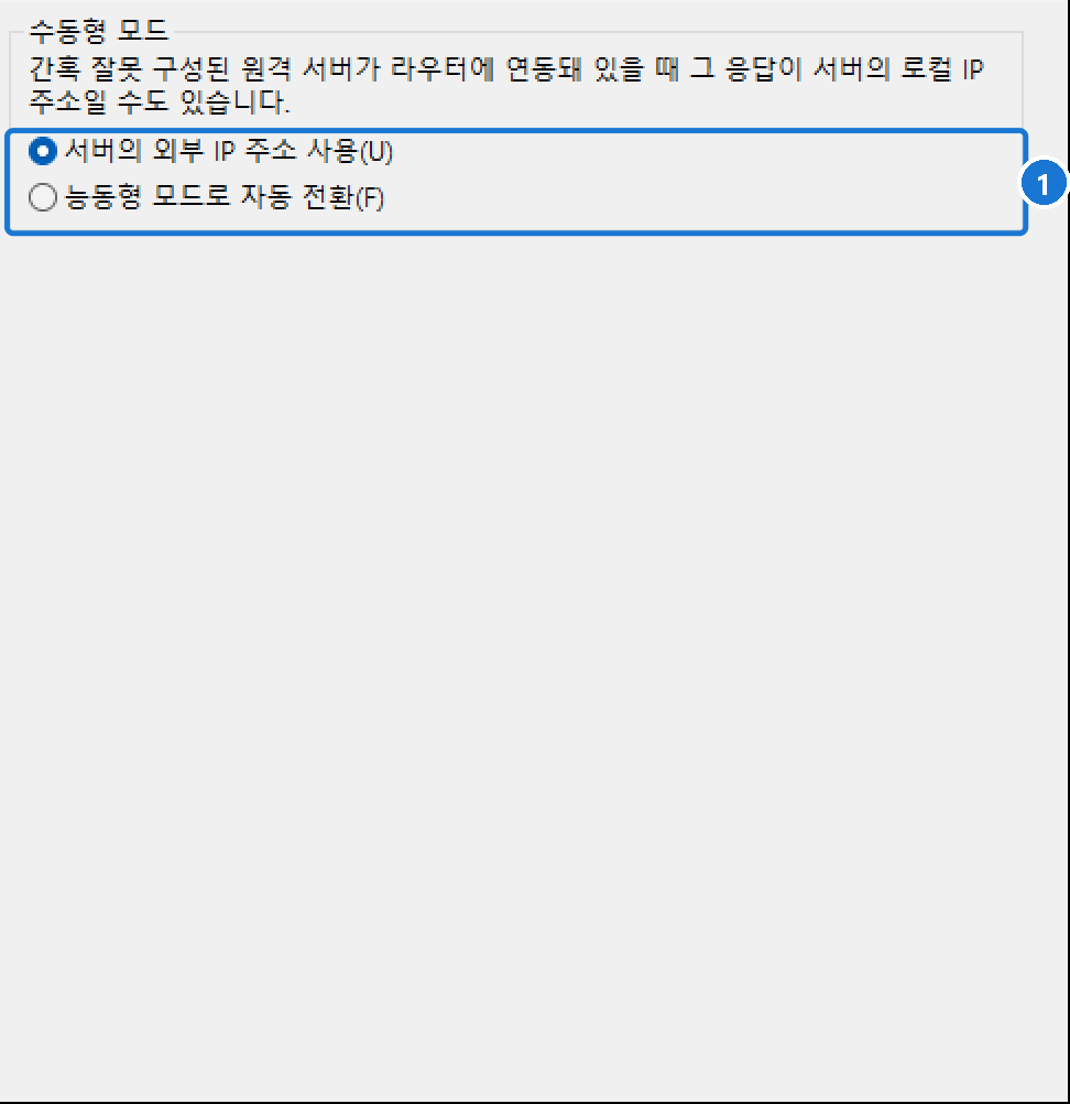 설정 → 연결 → FTP → 수동형 모드 페이지. 서버의 외부 IP 주소 사용, 능동형 모드로 자동 전환