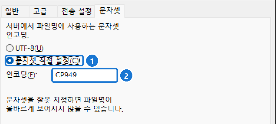 사이트 관리자 문자셋 탭에서 문자셋 직접 설정을 고르고 인코딩 칸에 CP949 를 입력한 모습