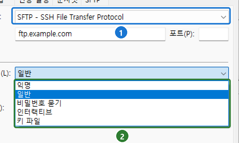 사이트 관리자에서 프로토콜 SFTP를 고르고 로그온 유형 목록을 펼친 모습: 익명, 일반, 비밀번호 묻기, 인터랙티브, 키 파일