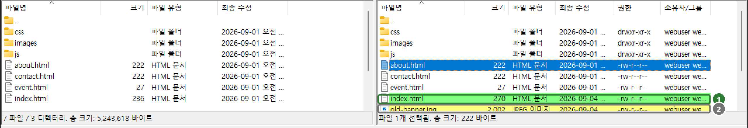 디렉터리 비교를 켠 파일 목록. 서버 쪽 index.html 이 초록, 서버에만 있는 old-banner.jpg 가 노랑으로 표시