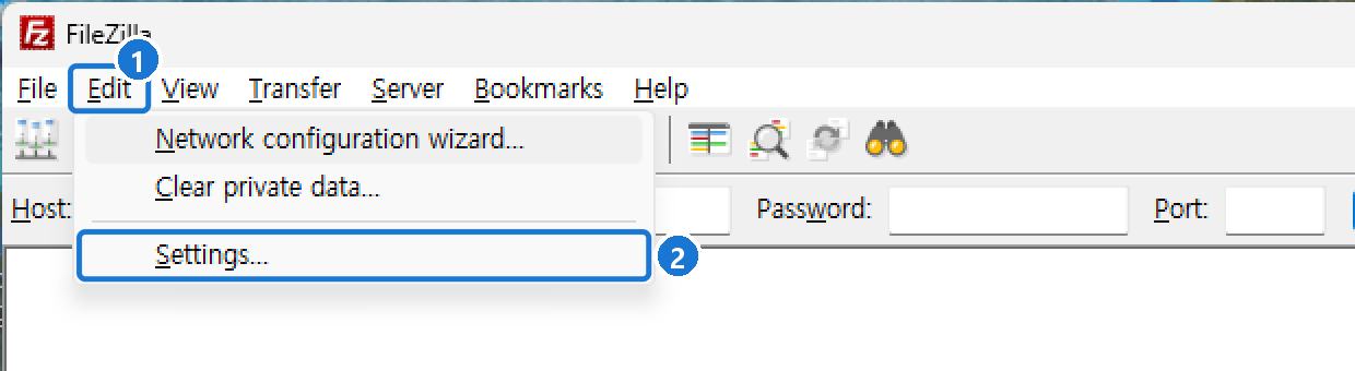 영어로 된 파일질라의 Edit 메뉴를 펼친 화면. 맨 아래 Settings...를 누른다