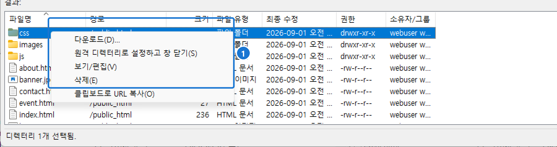 원격 파일 검색 결과 목록과 오른쪽 클릭 메뉴: 다운로드, 원격 디렉터리로 설정하고 창 닫기, 보기/편집, 삭제, 클립보드로 URL 복사