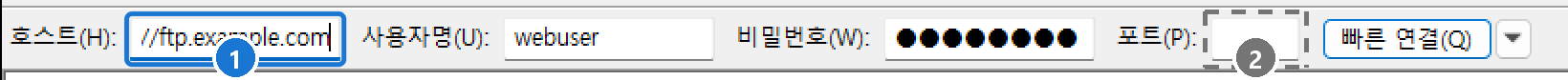 빠른 연결 호스트 칸에 sftp://ftp.example.com 을 입력한 모습