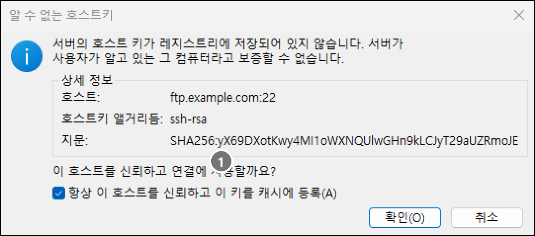 알 수 없는 호스트키 창. 서버의 호스트 키가 레지스트리에 저장되어 있지 않다는 안내와 호스트 ftp.example.com:22, 호스트키 앨거리듬 ssh-rsa, SHA256 지문, 항상 이 호스트를 신뢰하고 이 키를 캐시에 등록 체크 상자