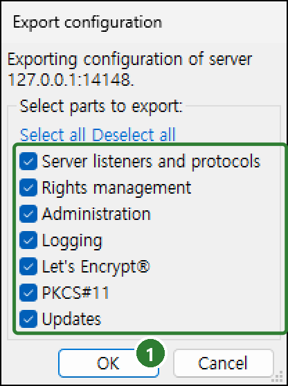 Export configuration 창. Select parts to export 목록이 모두 체크된 상태