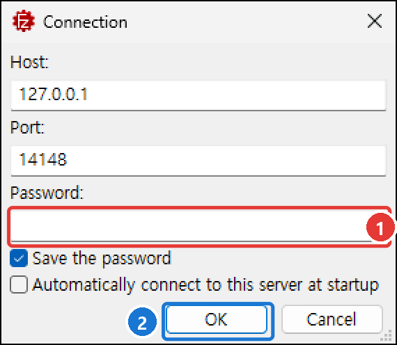 관리 화면 Connection 창. Host 127.0.0.1, Port 14148, Password 칸은 비어 있음