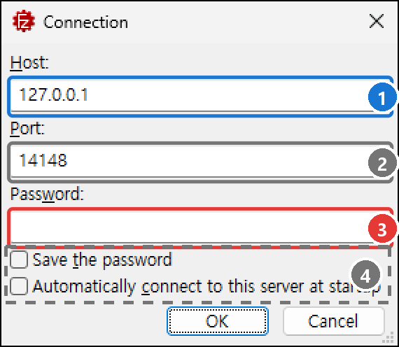 관리 화면의 Connection 창. Host 127.0.0.1, Port 14148, 빈 Password 칸, Save the password와 Automatically connect to this server at startup 체크 상자