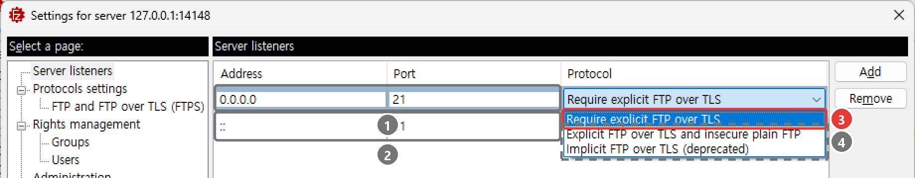 Server listeners의 보안 모드 드롭다운. Require explicit FTP over TLS, Explicit FTP over TLS and insecure plain FTP, Implicit FTP over TLS (deprecated)