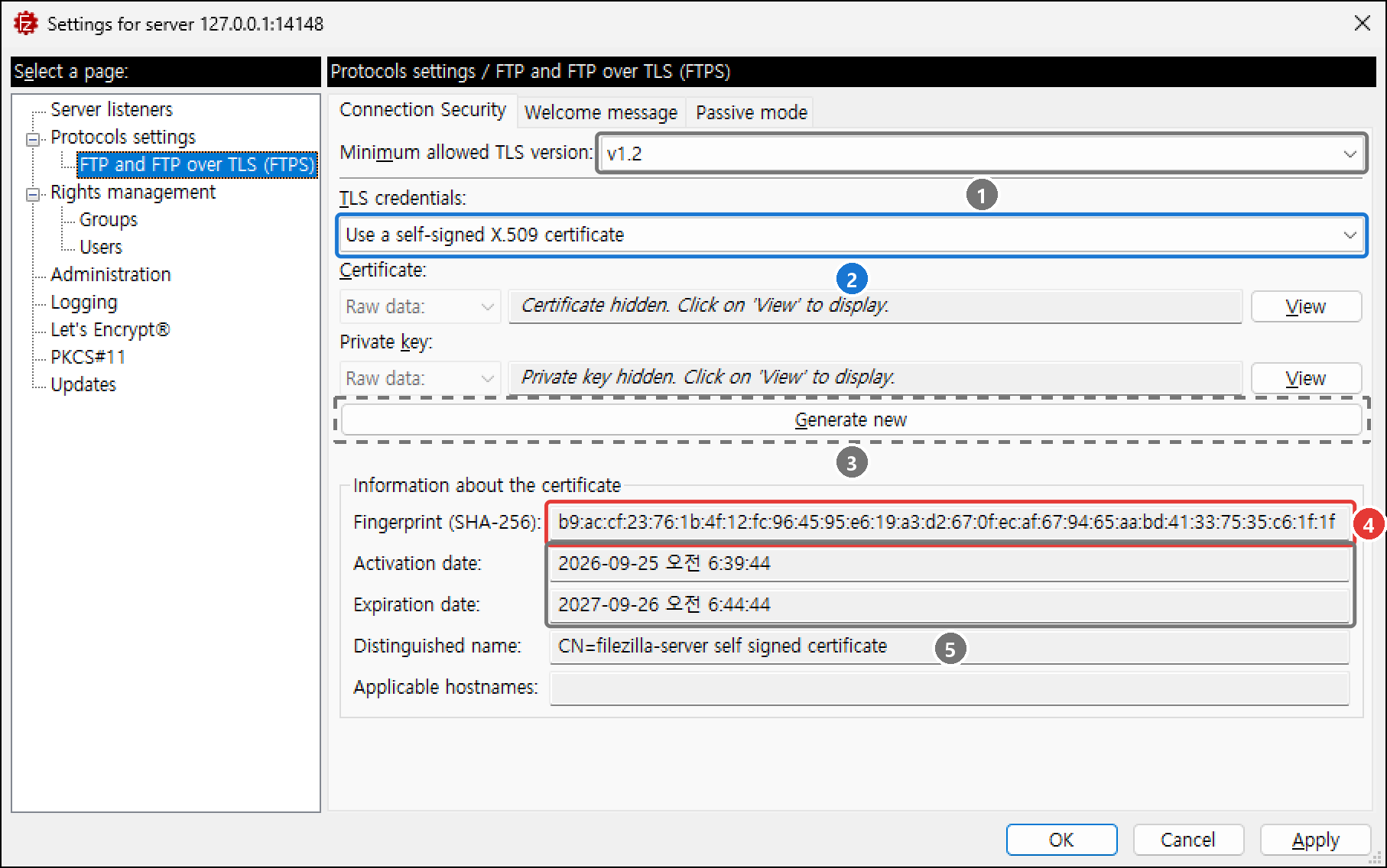 Protocols settings > FTP and FTP over TLS (FTPS) > Connection Security 탭. Minimum allowed TLS version v1.2, TLS credentials Use a self-signed X.509 certificate, Generate new, 인증서 정보