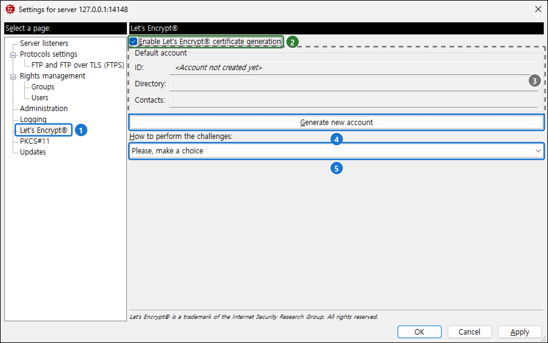 설정 창 Let's Encrypt 페이지. Enable Let's Encrypt certificate generation 체크, Default account(ID·Directory·Contacts), Generate new account, How to perform the challenges