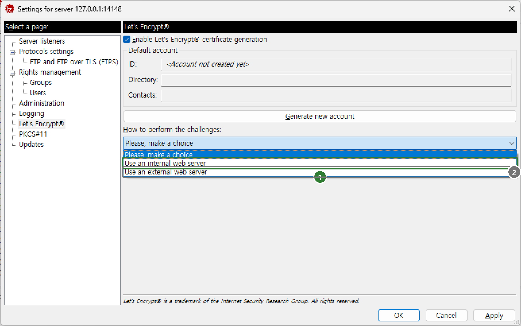 How to perform the challenges 드롭다운. Please, make a choice, Use an internal web server, Use an external web server