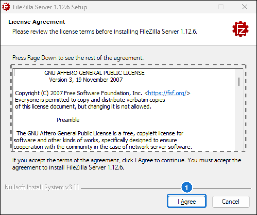 라이선스 화면. GNU AFFERO GENERAL PUBLIC LICENSE Version 3 본문과 I Agree 버튼