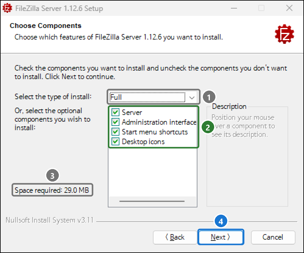 구성 요소 화면. 설치 종류 Full, Server·Administration interface·Start menu shortcuts·Desktop icons 모두 체크, 필요 공간 29.0MB