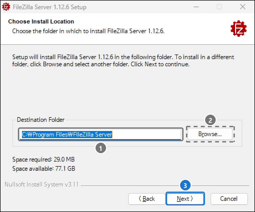 설치 폴더 화면. Destination Folder가 C:\Program Files\FileZilla Server, 필요 공간 29.0MB