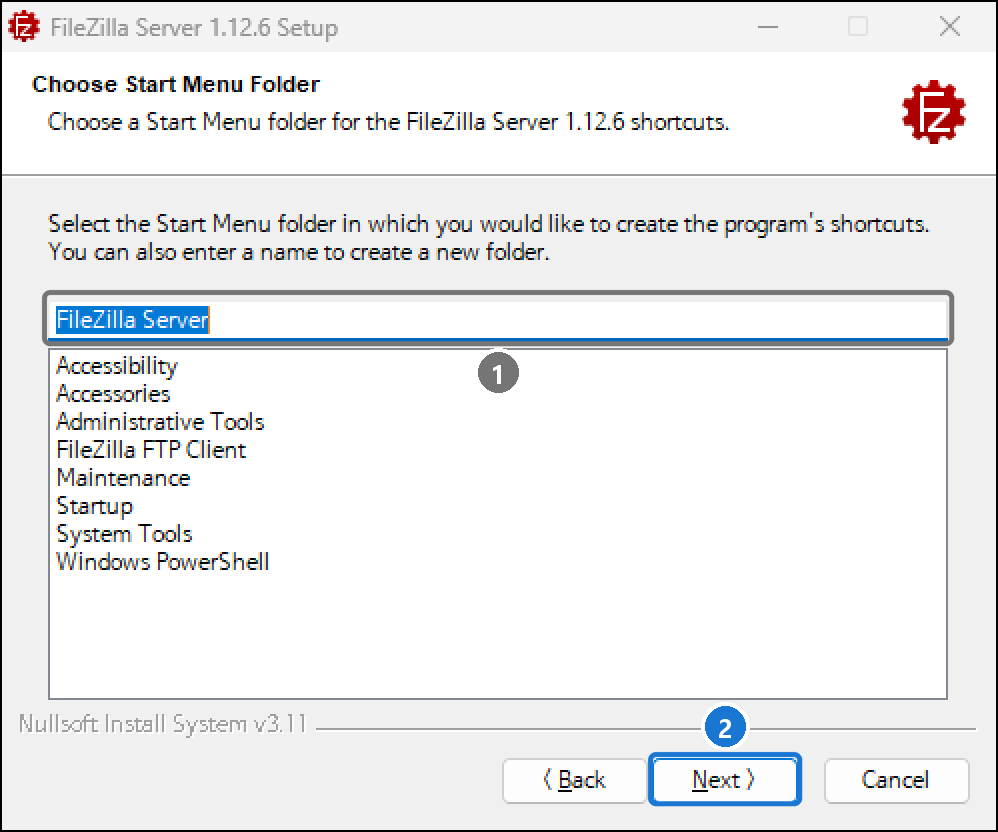 시작 메뉴 폴더 화면. 기본 이름 FileZilla Server
