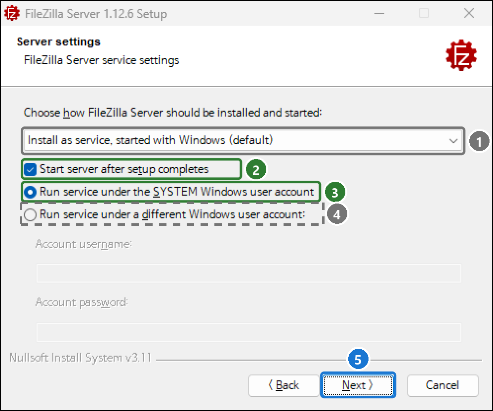Server settings 화면. 시작 방식 Install as service, started with Windows (default), Start server after setup completes 체크, SYSTEM 계정으로 실행 선택