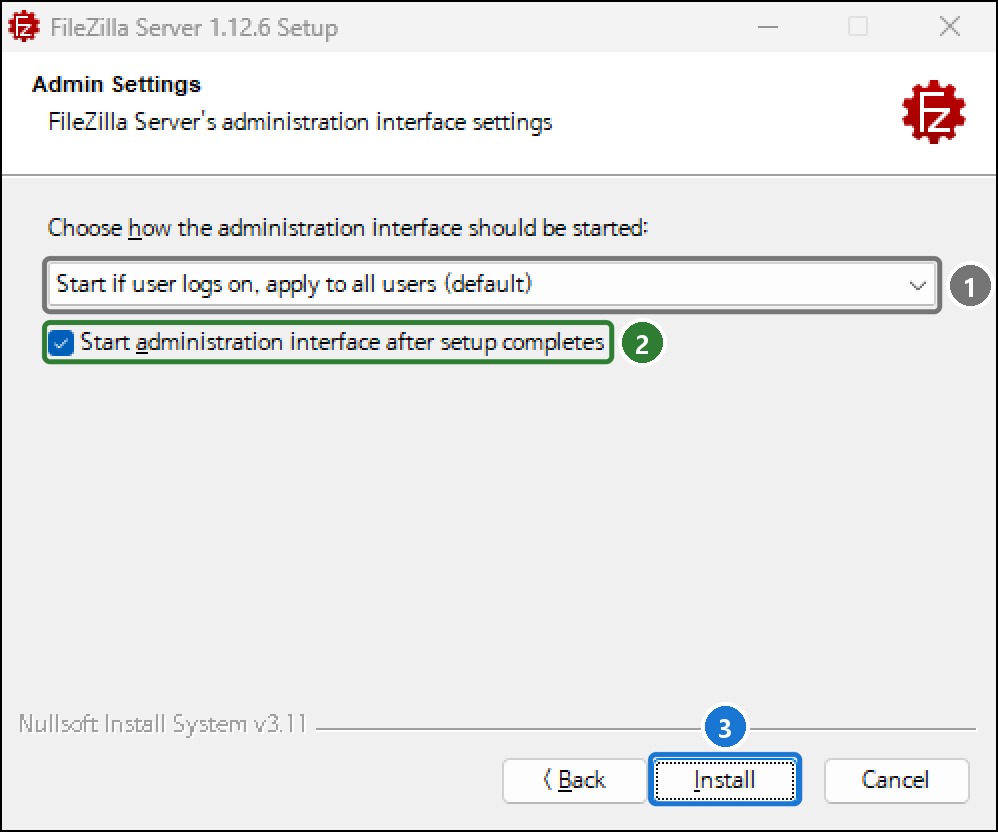 Admin Settings 화면. Start if user logs on, apply to all users (default) 선택, Start administration interface after setup completes 체크, Install 버튼