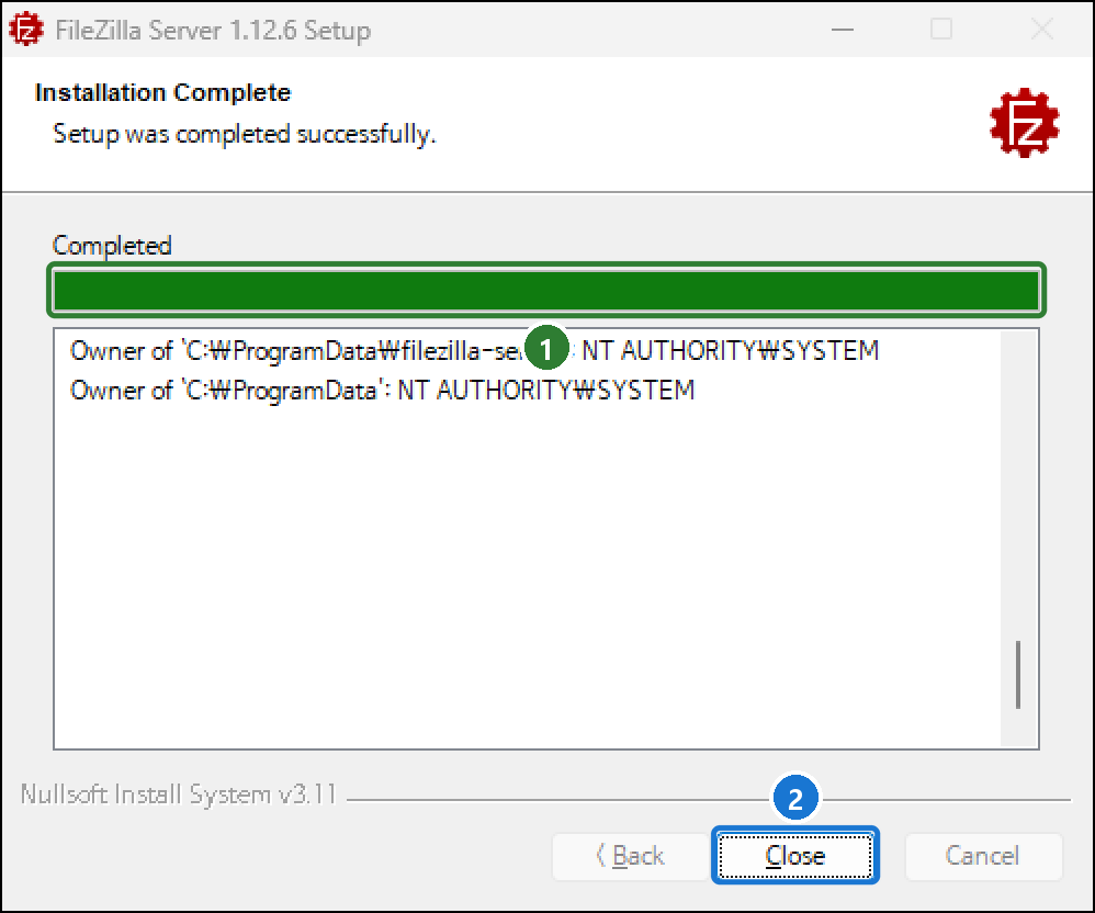 Installation Complete 화면. Setup was completed successfully, 진행 막대 Completed, Close 버튼