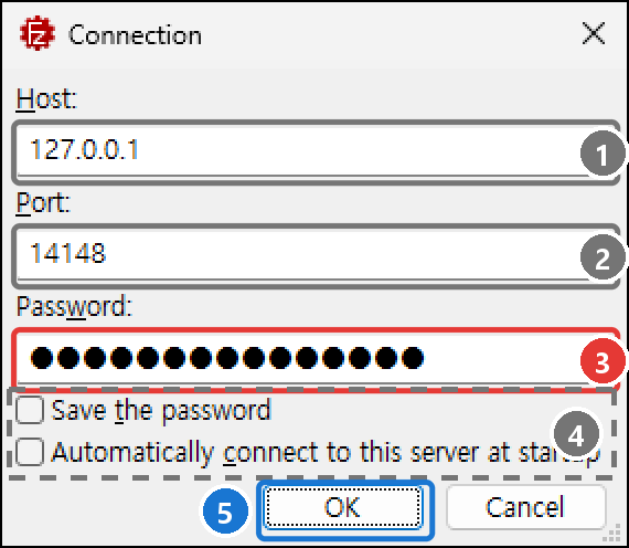 관리 화면의 Connection 창. Host 127.0.0.1, Port 14148, Password 입력(점으로 가려짐), Save the password·Automatically connect 체크 상자, OK 버튼