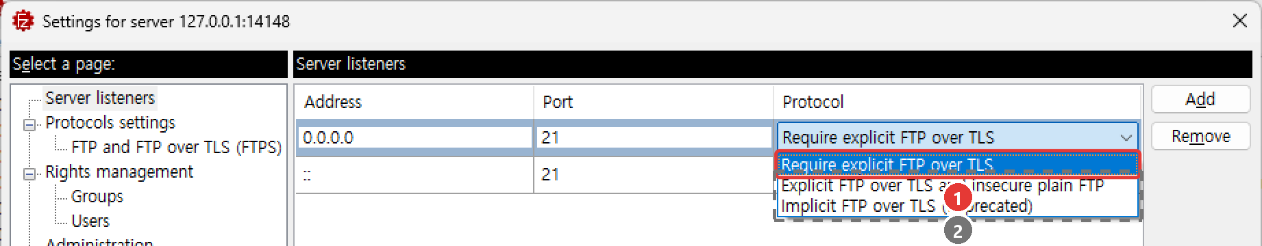 Server listeners 페이지. 0.0.0.0과 :: 두 줄, 포트 21, 보안 모드 목록 Require explicit FTP over TLS / Explicit FTP over TLS and insecure plain FTP / Implicit FTP over TLS (deprecated)