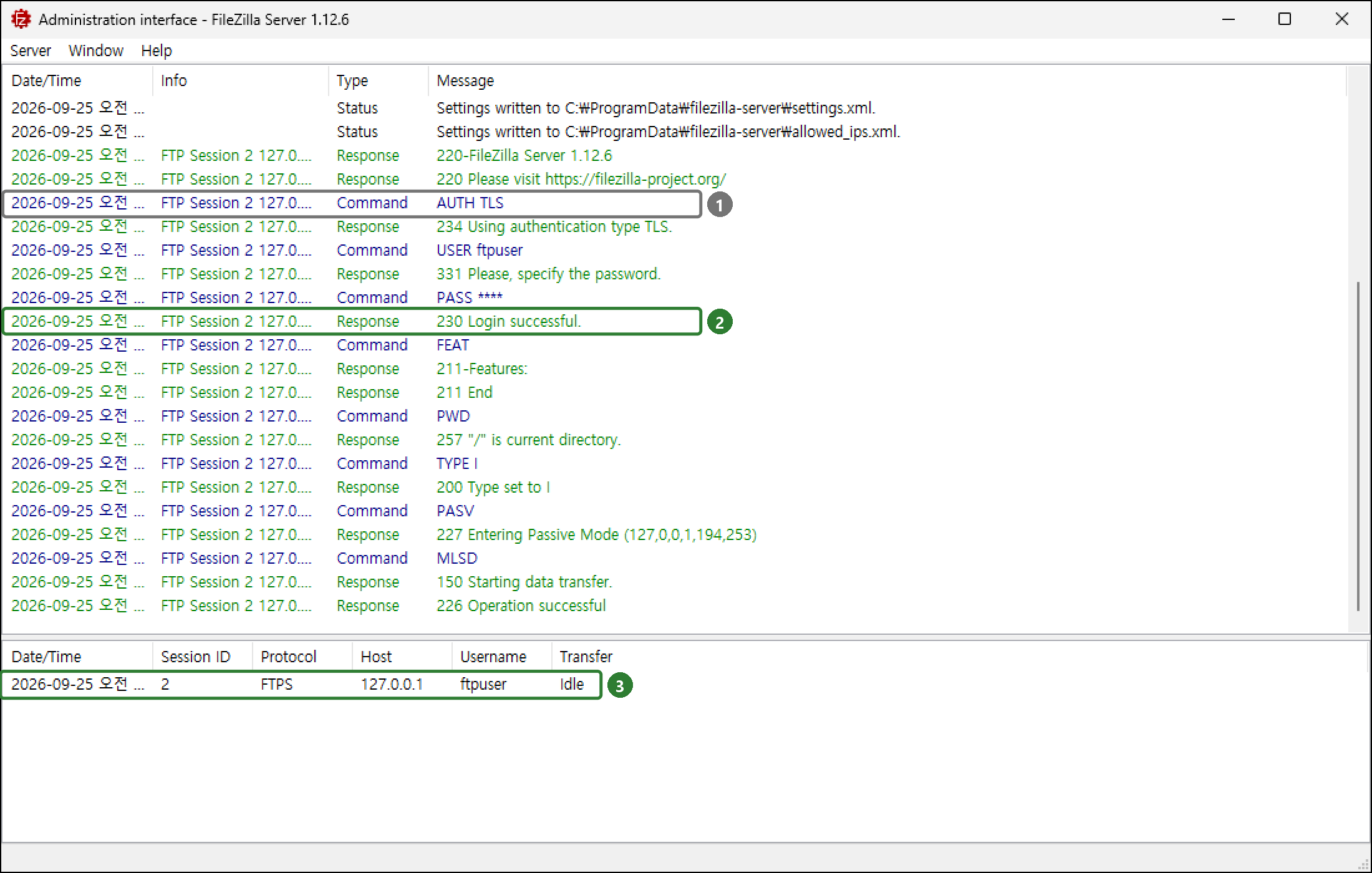 관리 화면 로그에 ftpuser의 AUTH TLS, USER ftpuser, 230 Login successful 기록, 세션 목록에 FTPS 127.0.0.1 ftpuser Idle