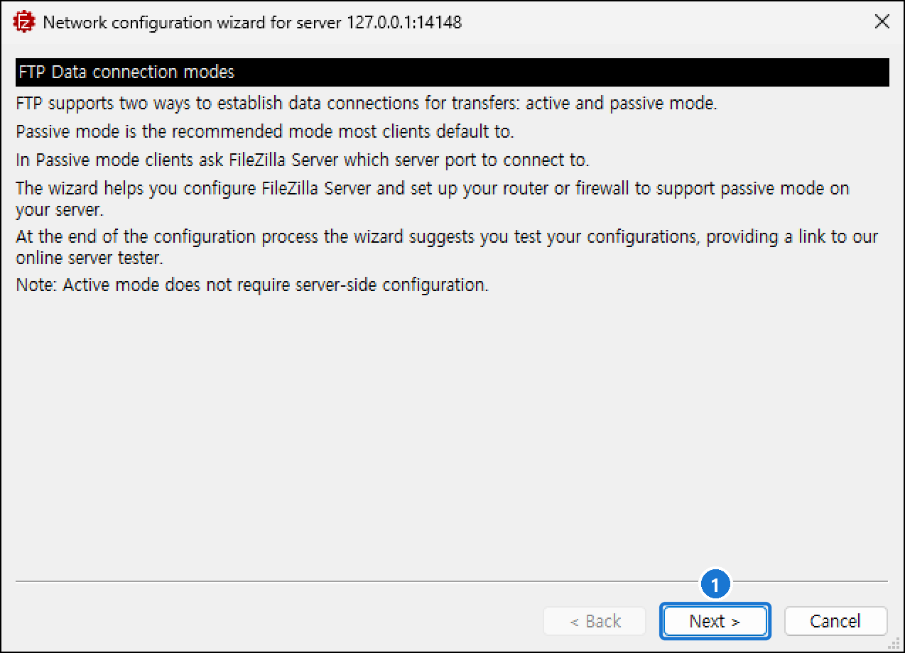네트워크 설정 마법사 첫 화면 FTP Data connection modes. 액티브·패시브 모드 설명