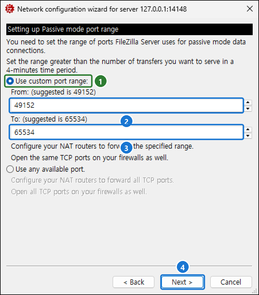 마법사에서 Use custom port range를 고르고 From 49152, To 65534가 들어간 모습