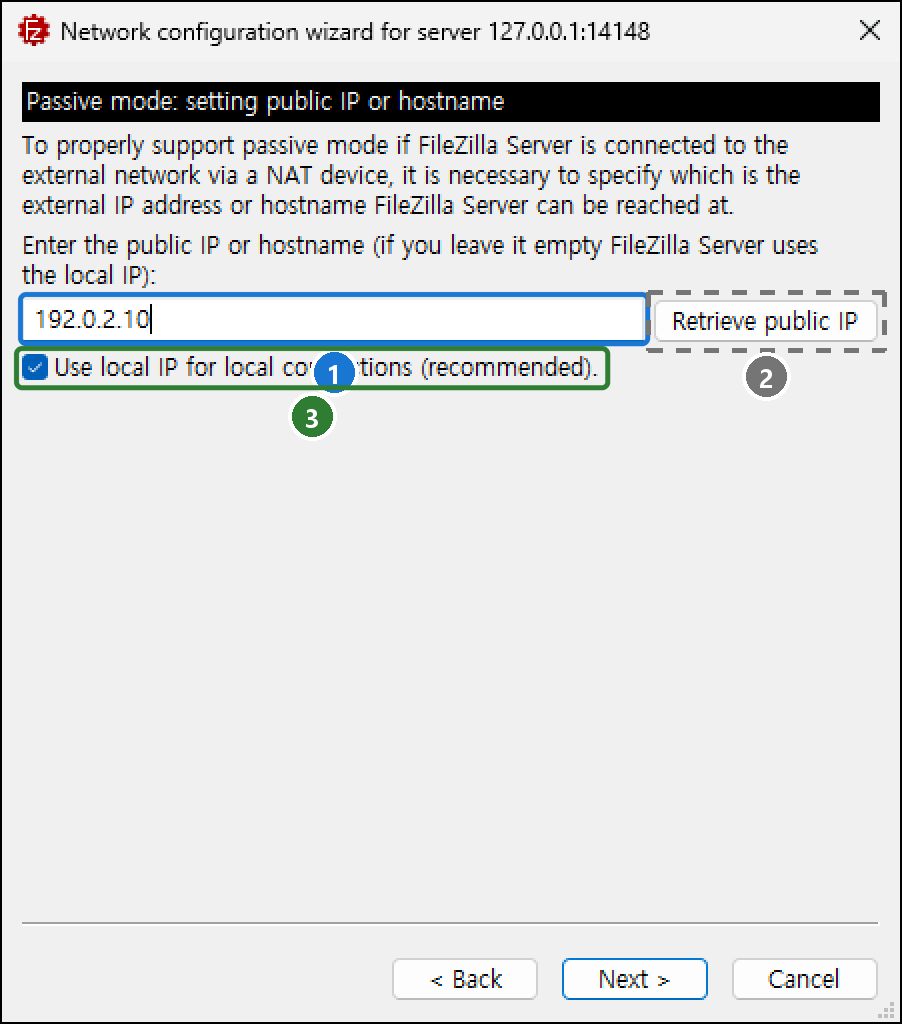 마법사 공인 IP 화면. 입력 칸에 192.0.2.10, Retrieve public IP 버튼, Use local IP for local connections (recommended) 체크