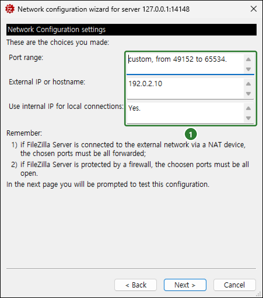 마법사 요약 화면. Port range custom, from 49152 to 65534, External IP or hostname 192.0.2.10, Use internal IP for local connections Yes