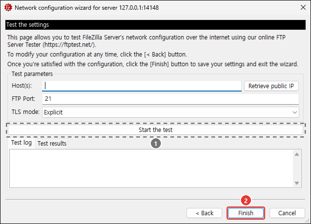 마법사 마지막 Test the settings 화면. Host, FTP Port 21, TLS mode Explicit, Start the test, Finish 버튼