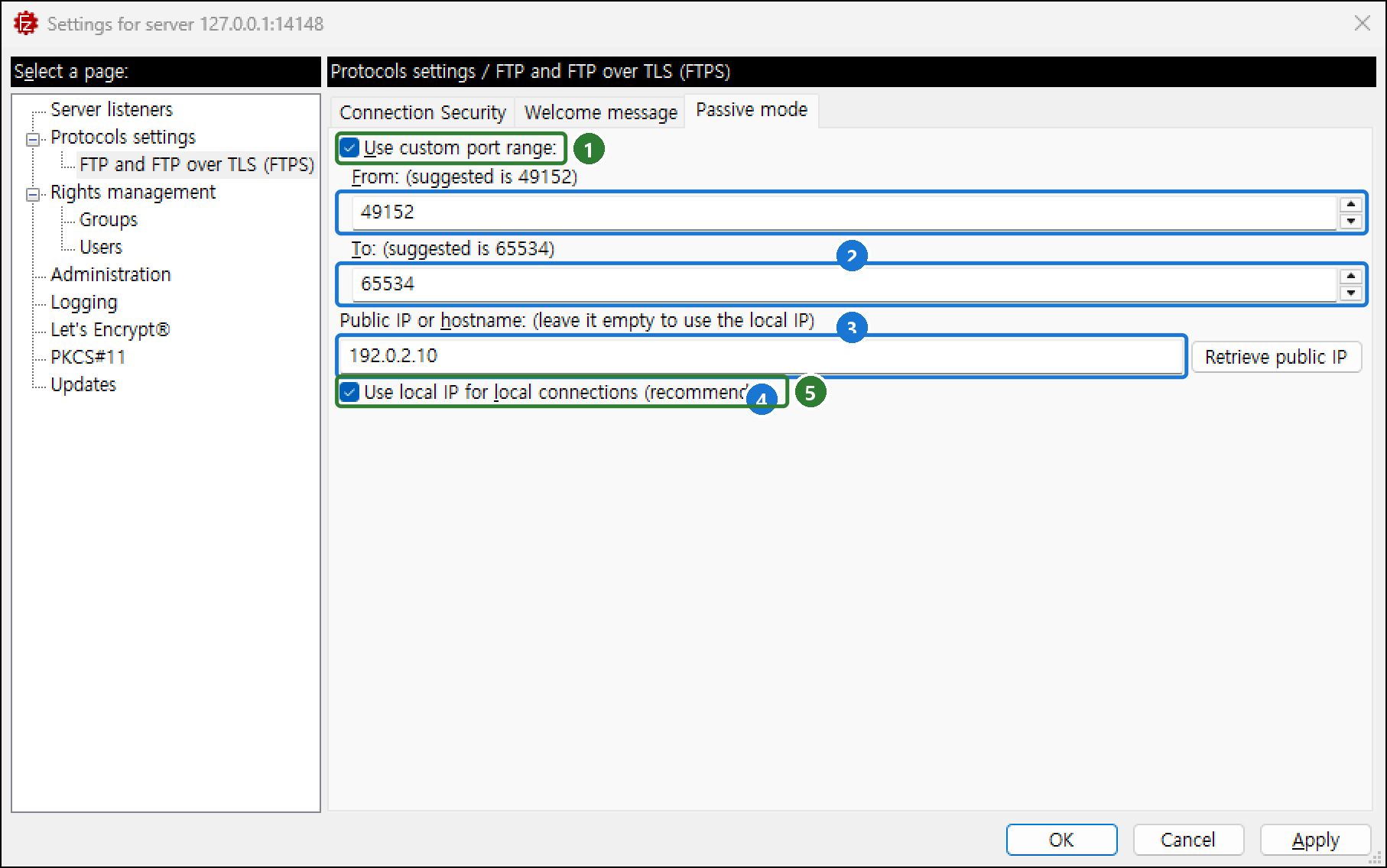 설정 창 Protocols settings > FTP and FTP over TLS (FTPS) > Passive mode 탭. Use custom port range 체크, 49152~65534, Public IP 192.0.2.10, Use local IP for local connections 체크