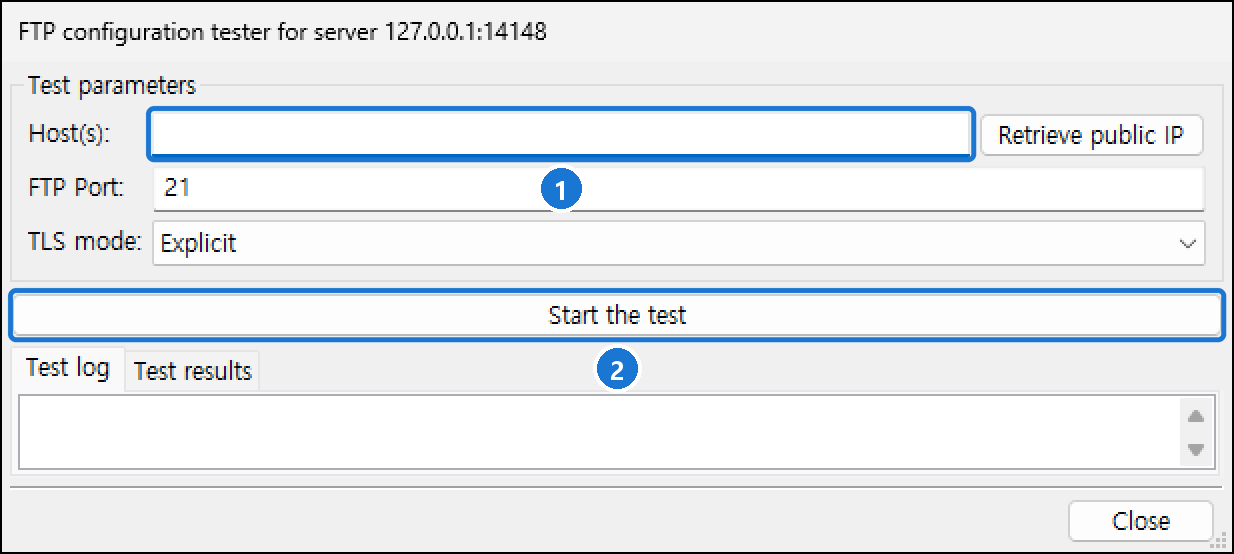 FTP configuration tester 창. Host(s), FTP Port 21, TLS mode Explicit, Start the test, Test log·Test results 탭