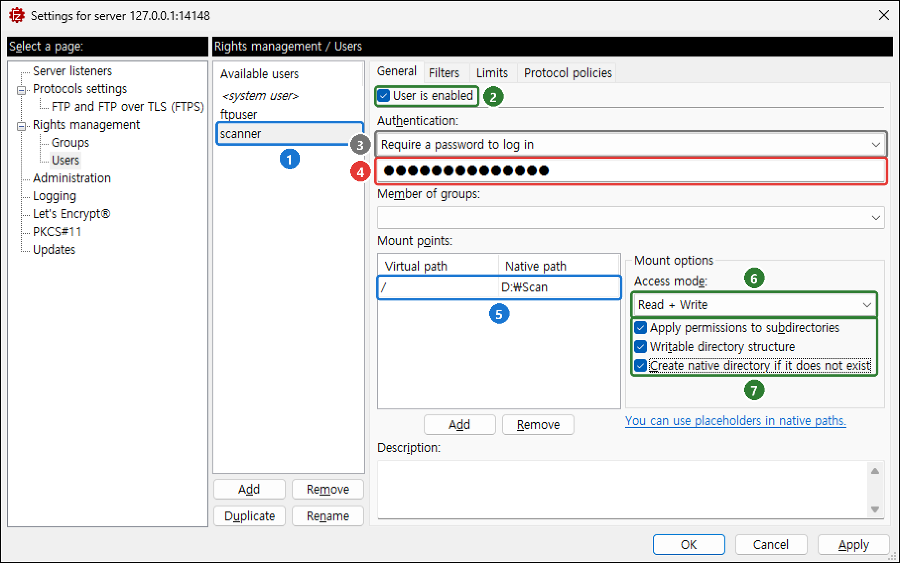 scanner 사용자의 General 탭. User is enabled, Require a password to log in, 비밀번호 입력(점으로 가려짐), 마운트 / ↔ D:\Scan, Read + Write와 세 체크 상자 모두 체크