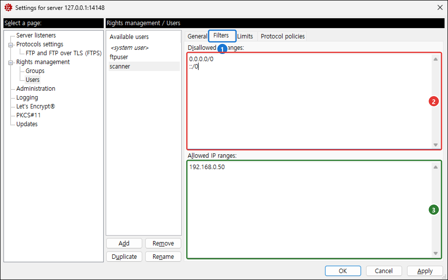 scanner 사용자의 Filters 탭. Disallowed IP ranges에 0.0.0.0/0과 ::/0, Allowed IP ranges에 192.168.0.50