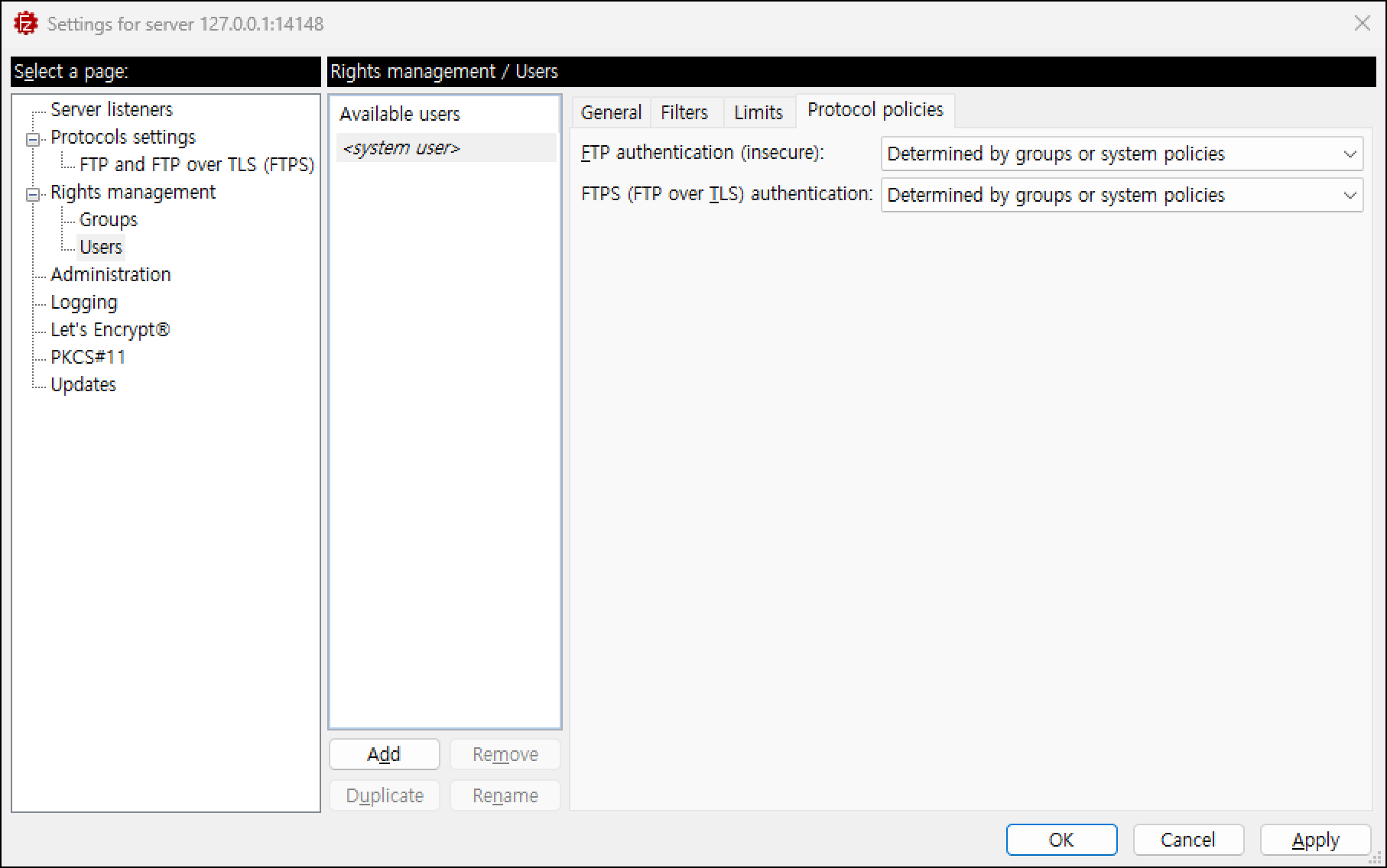 사용자 Protocol policies 탭. FTP authentication (insecure)와 FTPS (FTP over TLS) authentication 드롭다운, 기본 Determined by groups or system policies