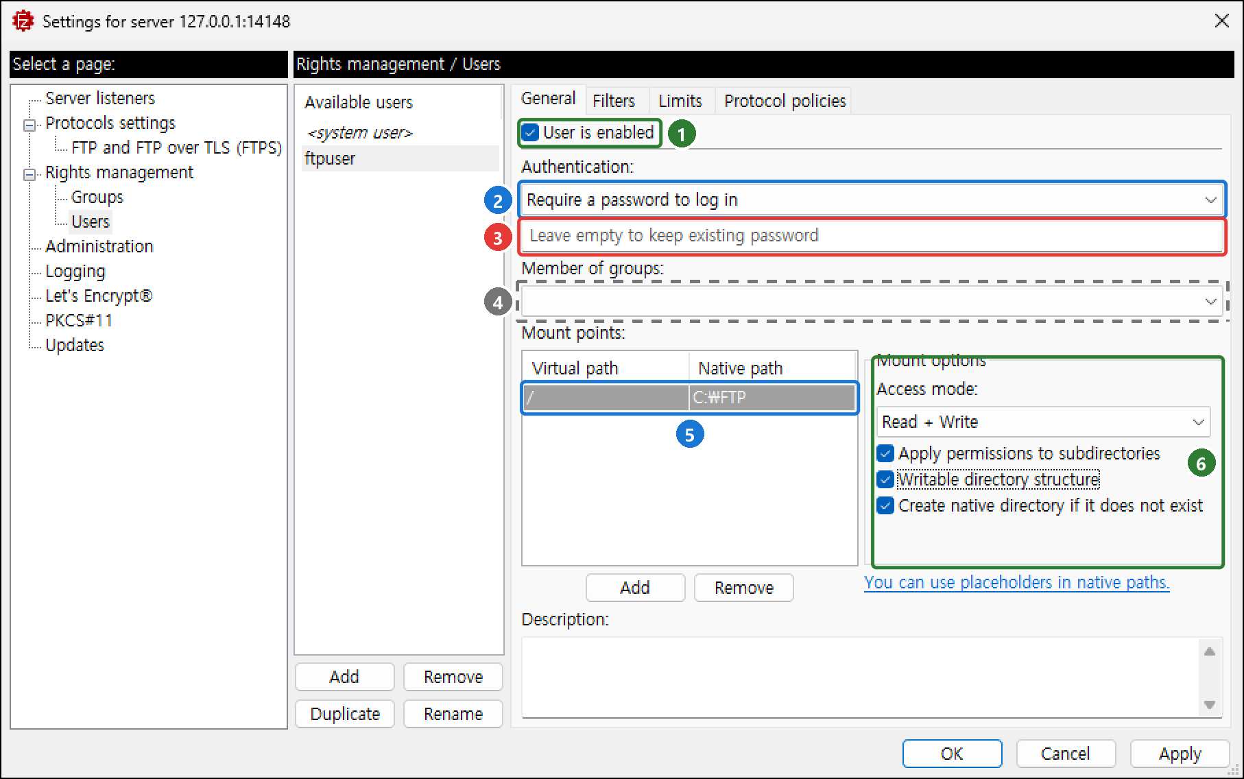 ftpuser의 General 탭. User is enabled, Require a password to log in, 비밀번호 칸, Member of groups, Mount points 표 / ↔ C:\FTP와 오른쪽 Mount options