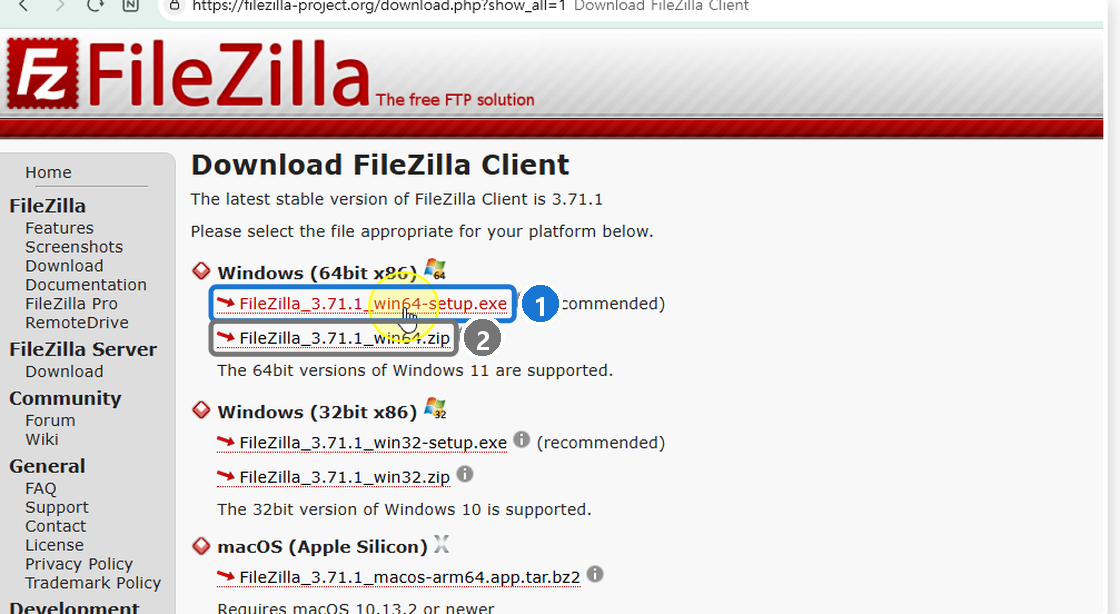 추가 다운로드 옵션 페이지. Windows 64bit 항목의 FileZilla_3.71.1_win64-setup.exe를 누른다