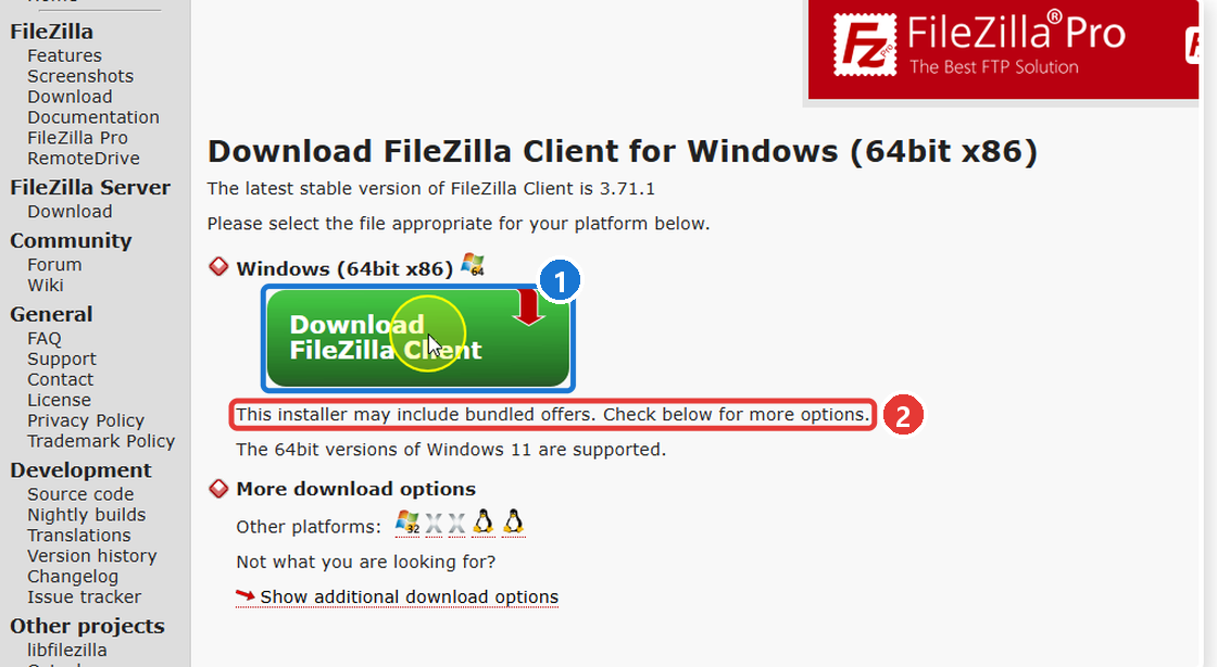 Windows 64bit 다운로드 페이지의 초록색 Download FileZilla Client 버튼과 광고 제안 안내 문구