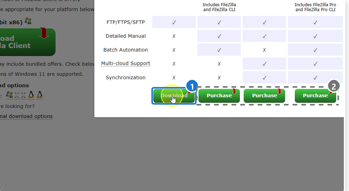 초록 버튼을 누르면 나오는 에디션 선택 창. 무료판 FileZilla 아래의 Download를 누른다