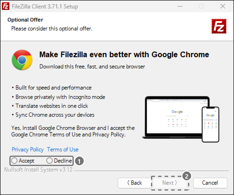 번들 설치 파일에서 나오는 Google Chrome 설치 제안 화면. Accept와 Decline 모두 선택되지 않았고 Next가 비활성