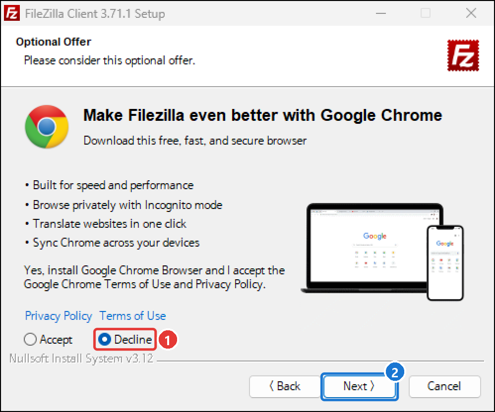 Google Chrome 설치 제안 화면에서 Decline을 선택한 뒤 Next를 누른다
