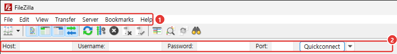 Language files를 빼고 설치한 파일질라. File, Edit 메뉴와 Host, Quickconnect 등 모두 영어로 표시됨