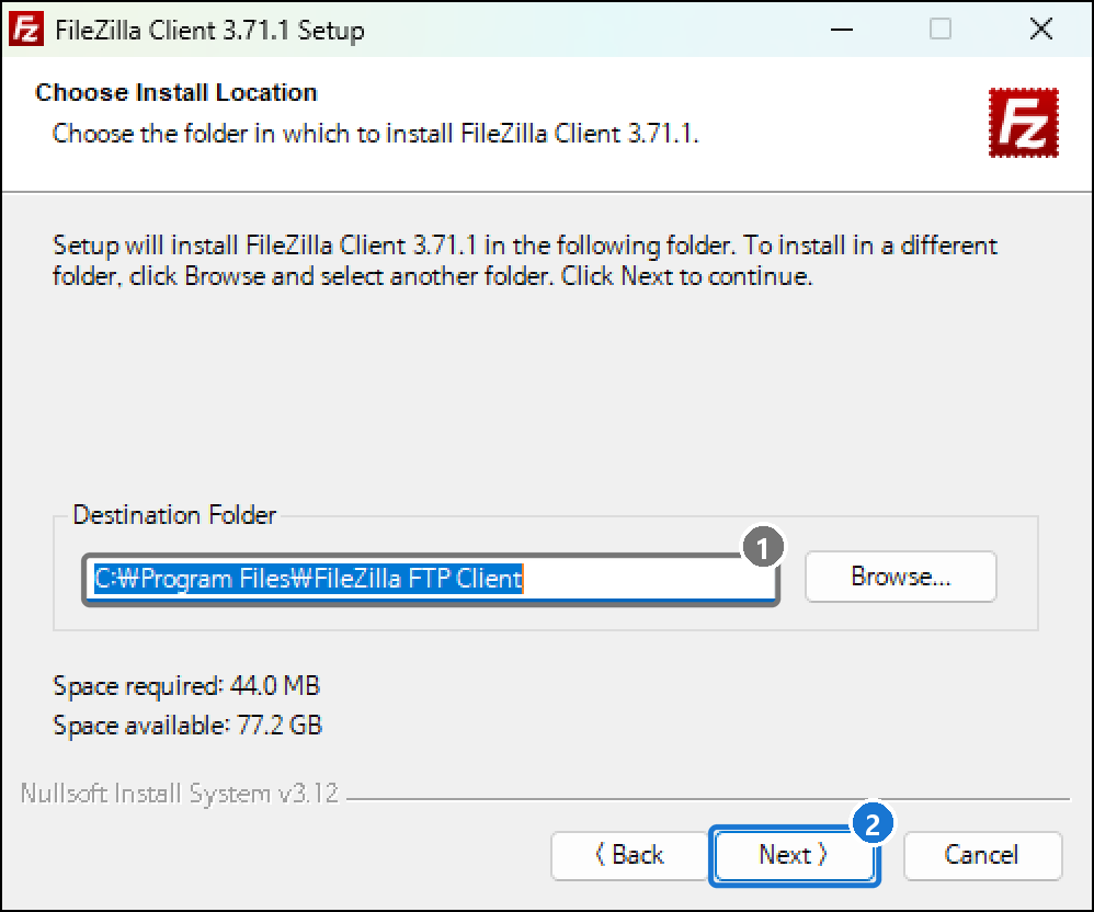 파일질라 설치 폴더 선택 화면. 기본 폴더 C:\Program Files\FileZilla FTP Client 그대로 두고 Next