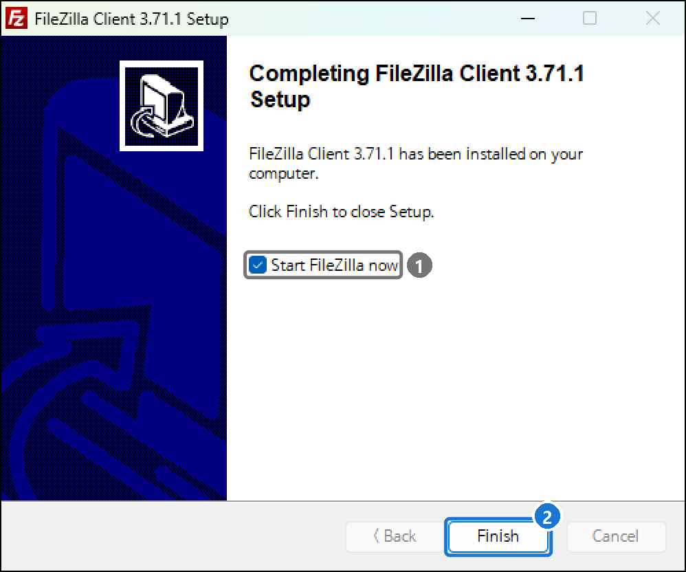 파일질라 설치 완료 화면. Start FileZilla now가 체크된 상태로 Finish를 누른다