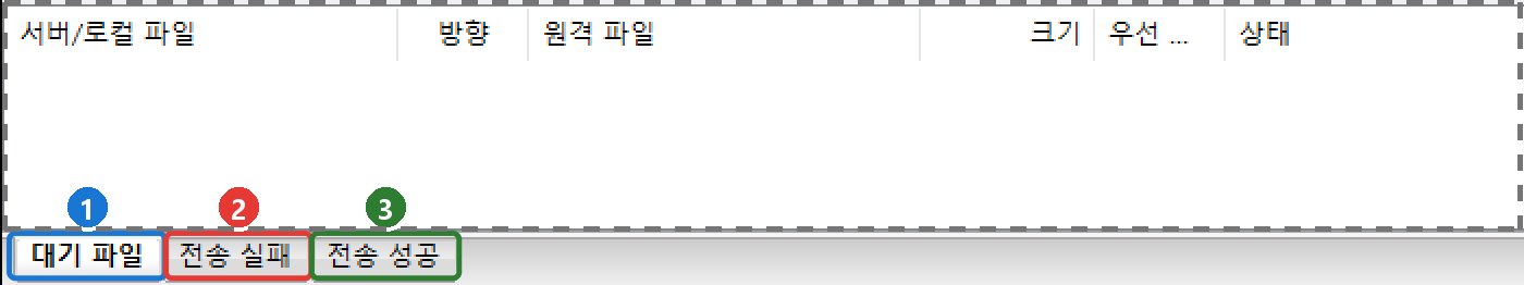 전송 대기열 아래쪽의 대기 파일, 전송 실패, 전송 성공 탭