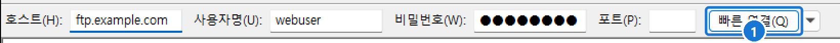 빠른 연결 칸에 호스트 ftp.example.com, 사용자명 webuser, 비밀번호(점으로 가려짐)를 입력한 모습