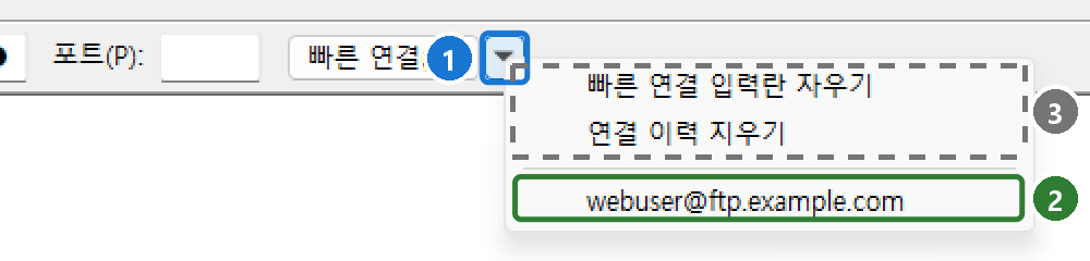 빠른 연결 옆 화살표를 누르면 나오는 메뉴. 빠른 연결 입력란 지우기, 연결 이력 지우기, 최근 접속한 webuser@ftp.example.com